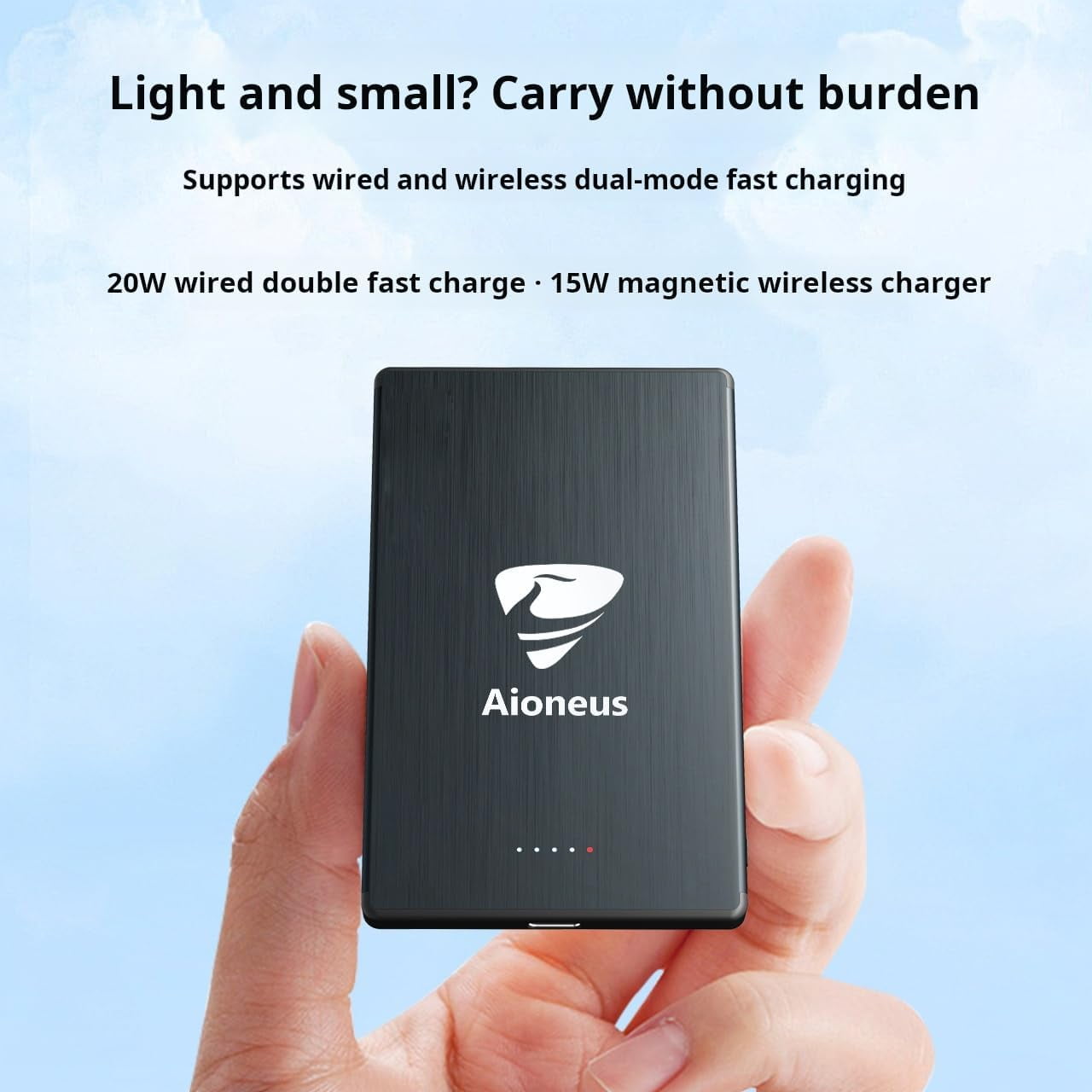 Aioneus Slim Wireless Portable Charger, 5000mAh Fast Charging Magnetic Power Bank, Magsafe Charger Compatible with iPhone, Samsung, Black