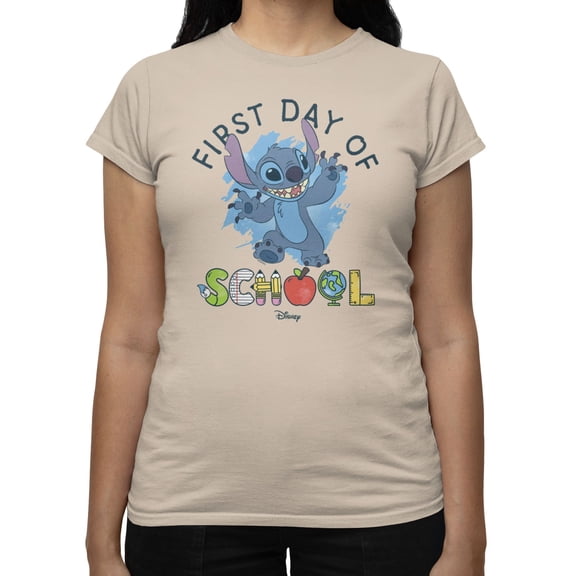 Disney Lilo & Stitch Women's First Day Of School Supply Letters T-Shirt (Sand, S-XXL)