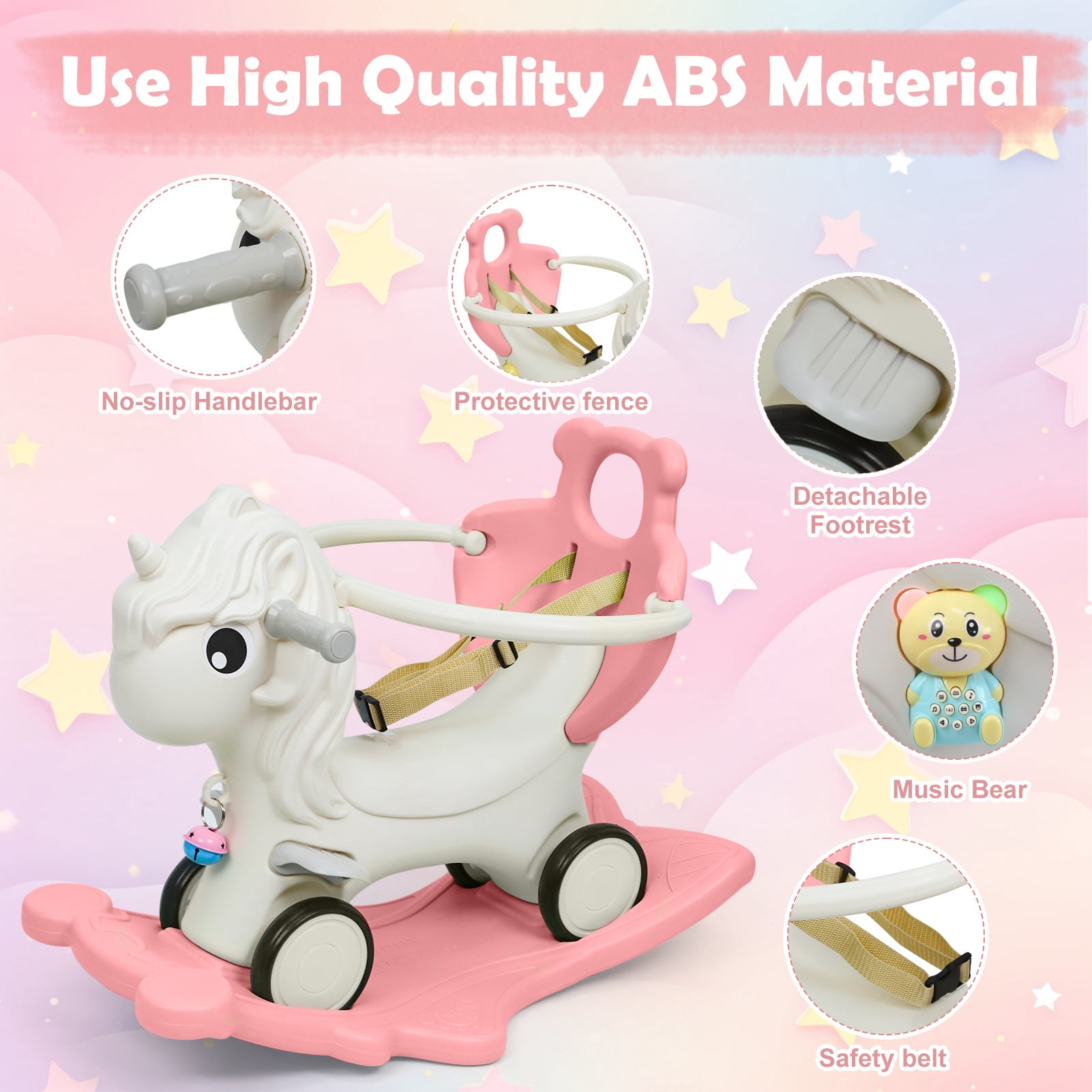 Wdmiya 4 in 1 Rocking Horse for Toddlers 1-3 Years Old, Baby Unicorn Rocking Toy Birthday Gift for Boy and Girl, Ride on Toy with Detachable Balance Board，Balance Bike with Push Handle, Pink