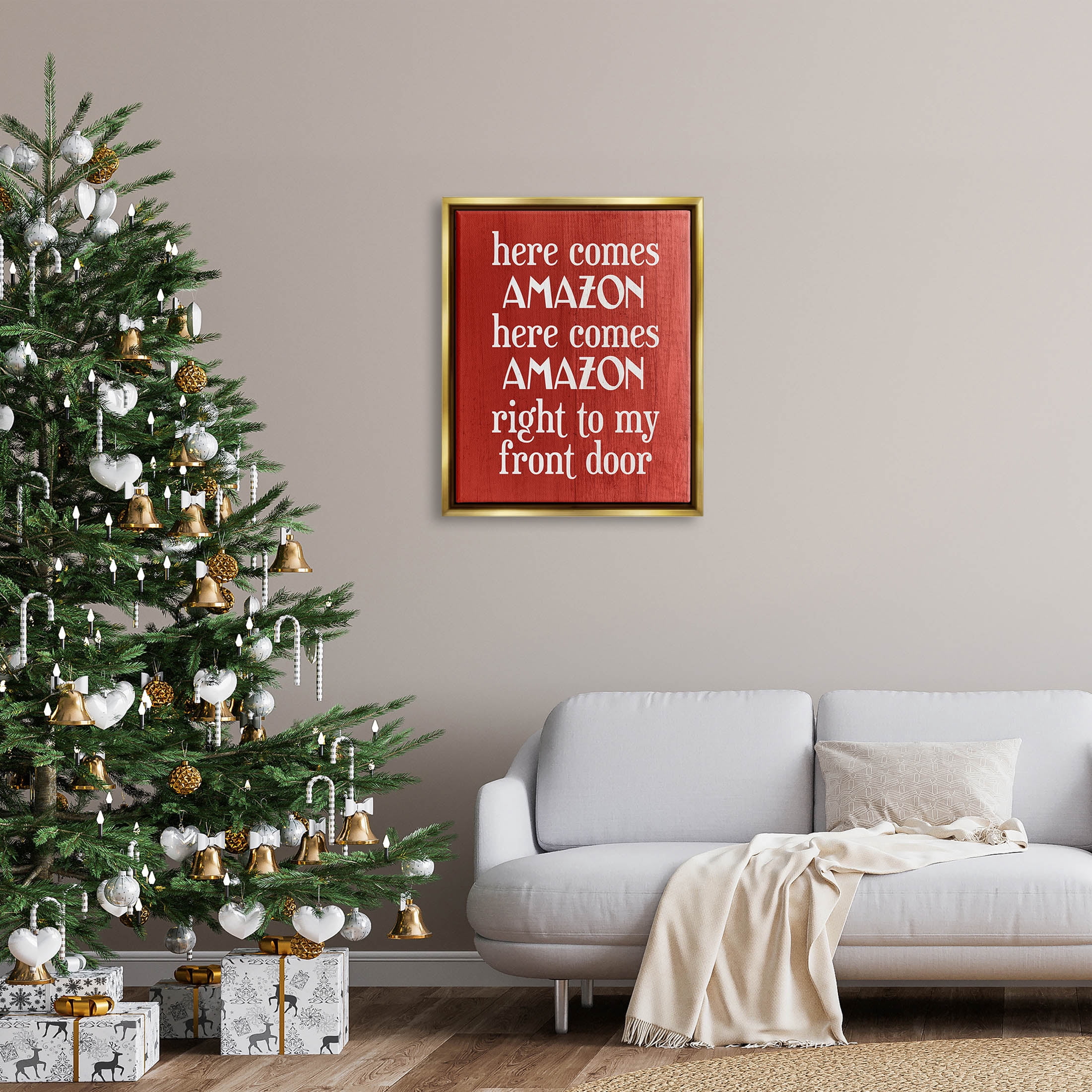 Stupell Industries Here Comes Amazon Funny Song Graphic Art Metallic Gold Floating Framed Canvas Print Wall Art, Design by Lil' Rue