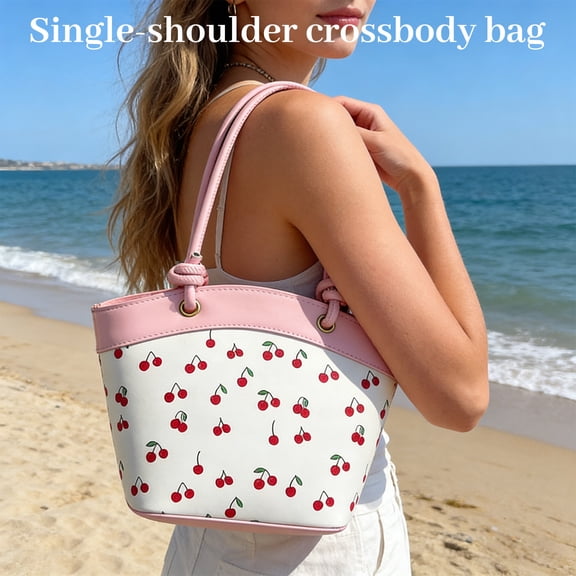Cherry Purse Fruit Printed Bucket Tote Shoulder Bag, Cherry Leather Tote Bag, Cute Y2K Shoulder Purse for Women, Pink Designer Handbag with Top Handle, Fruit Print Clutch Satchel
