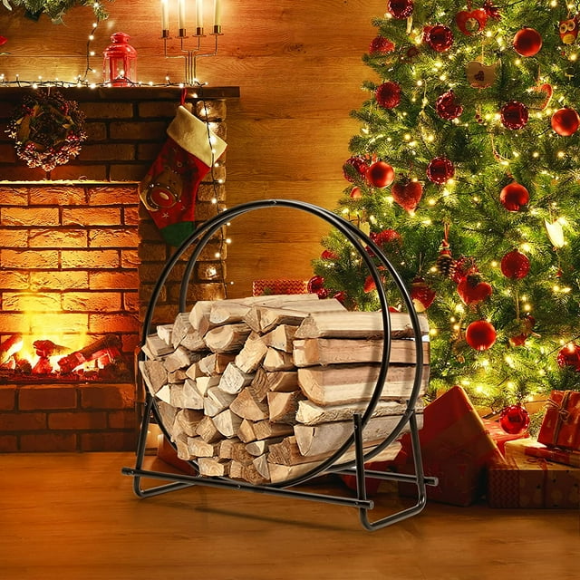 30 Inch Firewood Log Hoop, Round Tubular Metal Wood Storage Holder, Decorative Round Steel Log Rack, Heavy Duty Curved Firewood Rack for Indoor & Outdoor, 110 lbs Load Capacity