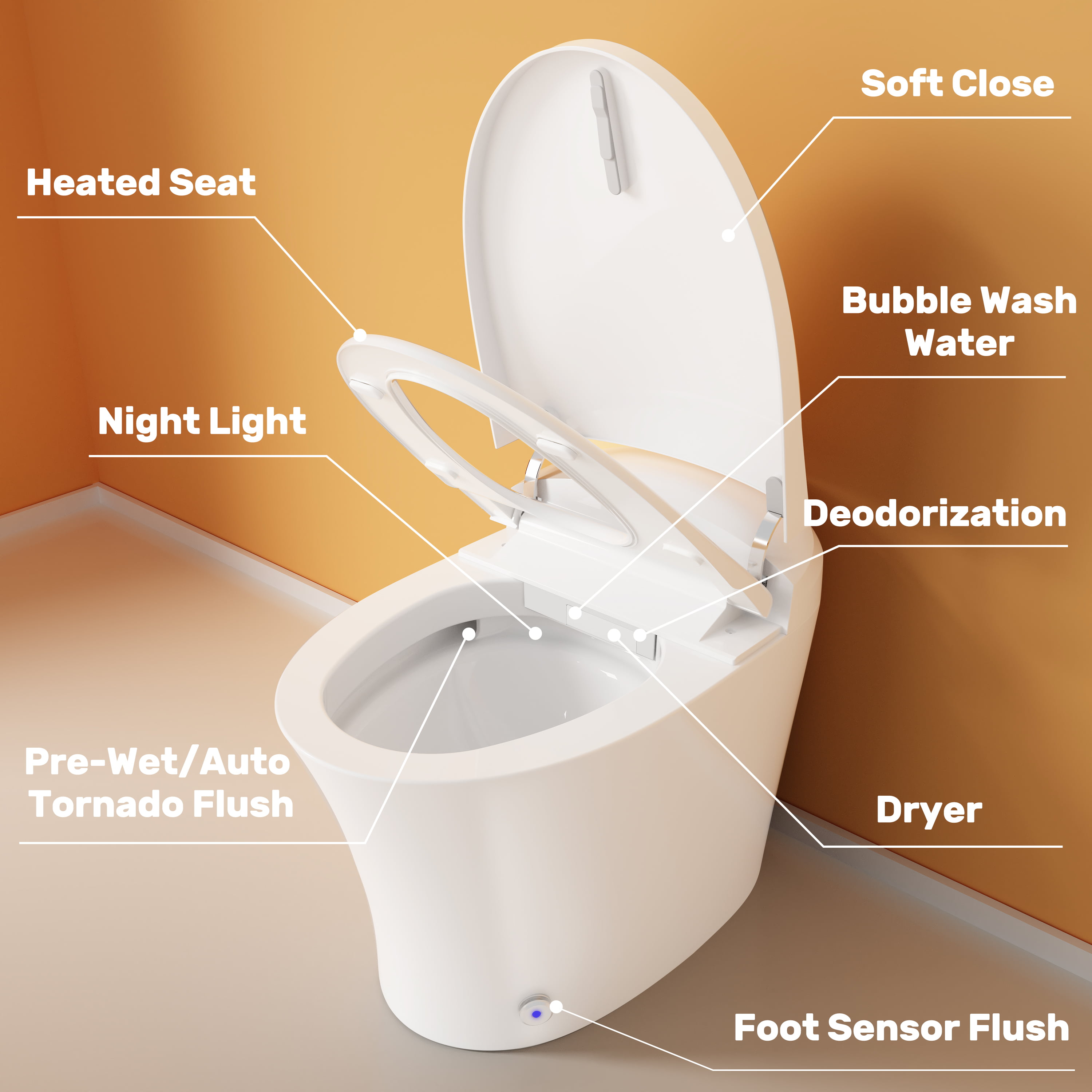 HOROW 1/1.27 GPF Automatic Dual Flush Heated Seat Deodorization Pre-Wet  Smart Toilet HR-T20