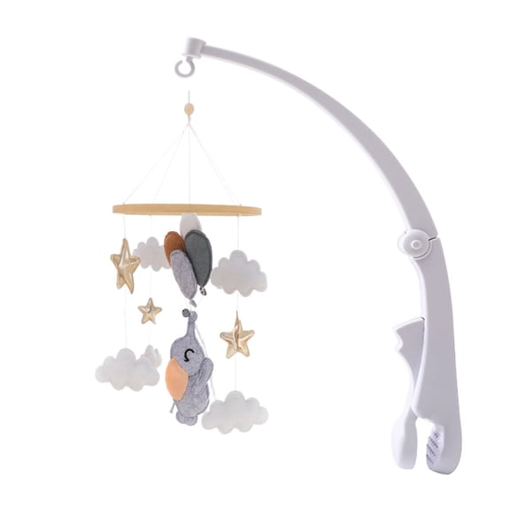 Wooden Baby Crib Mobile with Elephant & Star Pendants, Rotating Bed Bell Wind Chime for Newborns, Beech Wood Hanging Mobile for Infant Sleep Soothing and Nursery Decoration