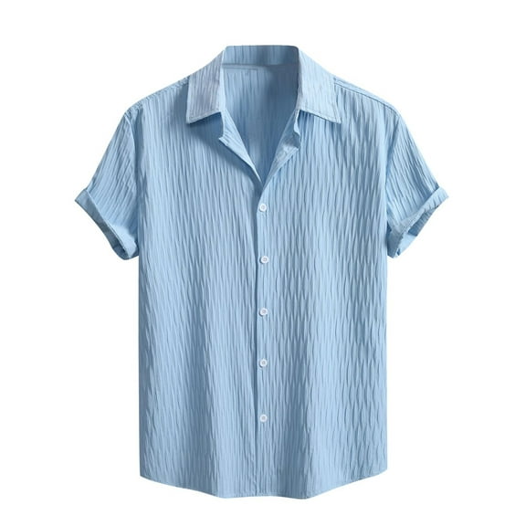 ZCFZJW Men's Casual Solid Color Button Down Shirts Short Sleeve Textured Summer Beach Collared T-Shirt Lightweight Cozy Tops Blue XXL