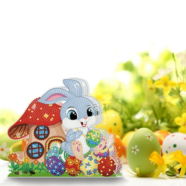 EGNMCR Easter DIY 5D Diamond Art Painting Kits, Easter Rabbit Eggs Tabletop Decoration With LED String Light, Cute Diamond Paintings Ornament For Easter Day, Gift