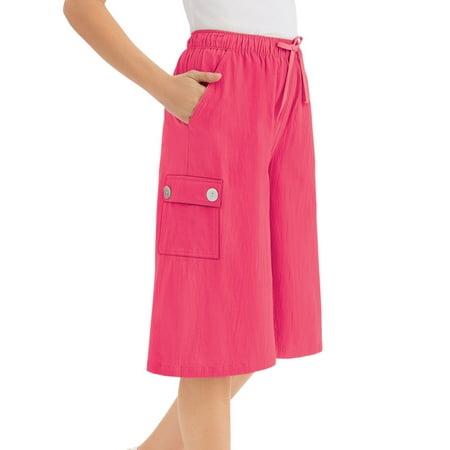 Cotton Flap Pocket Skirt - Women's Crinkle Cotton Gauze Clothing Cargo Pocket Elastic Waist Split Skirt, Medium, Coral