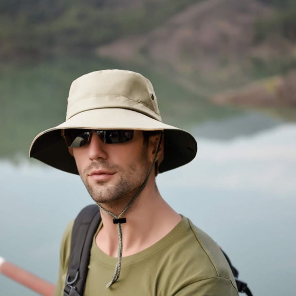 Sun Hats for Men UV Protection, Unisex Outdoor Solid Hat, Floppy Bucket Hats, Wide Brim Boonie Hat Breathable Beach Hat for Fishing Hiking Safari Outdoor, Foldable Packable, Beige