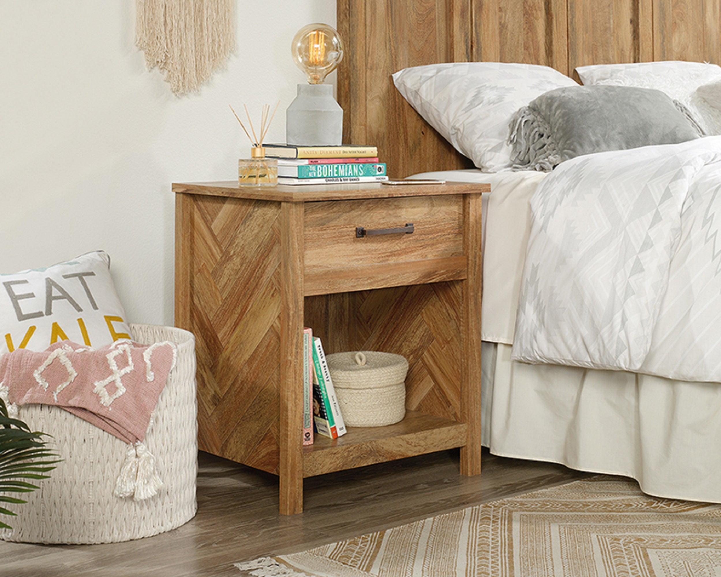 Sindoori Mango Engineered Wood Nightstand with Herringbone Pattern