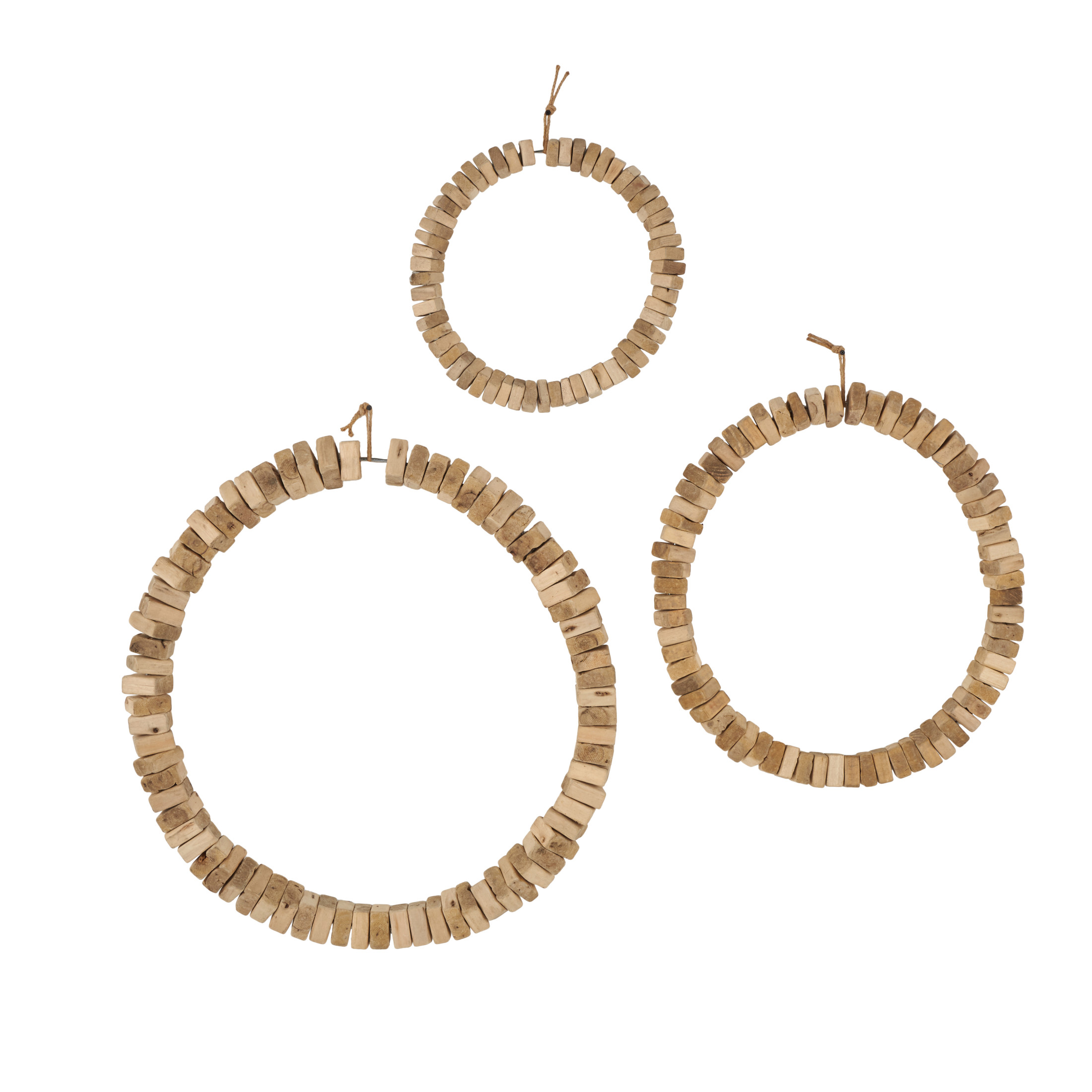 DecMode Brown Wood Beaded Abstract Wall Decor with Hanging Rope (3 Count)