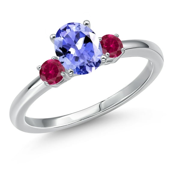 Gem Stone King 14K White Gold Blue Tanzanite and Red Created Ruby Engagement Ring for Women | 1.03 Cttw | Oval 7X5MM | Gemstone December Birthstone | Size 7