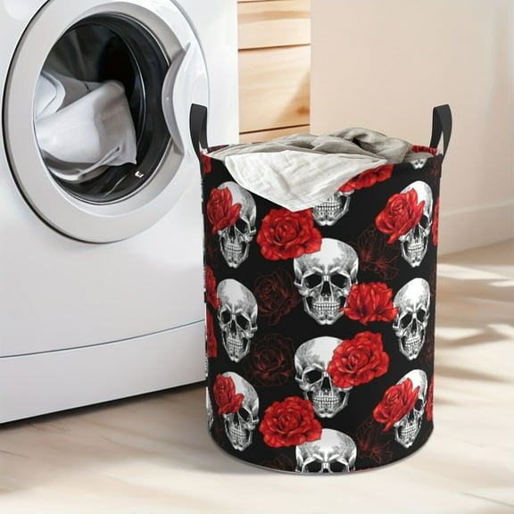 Skull-head Red Rose Pattern Dirty Clothes Basket, Foldable Large-capacity Oxford Cloth Storage Basket, Suitable for Bedroom, Bathroom, Toys and Clothes Storage, Laundry Basket