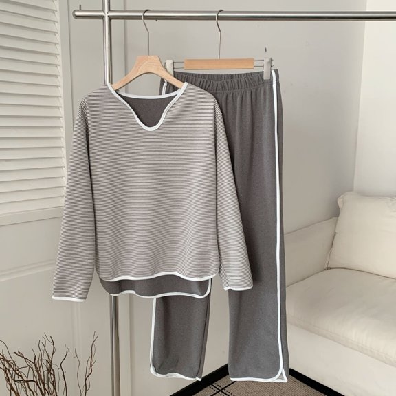 Womens Pajama Sets Casual Striped Warm Velour Loose Crew Neck Long Sleeve Two Piece Pajama Set For Cozy Winter Sleepwear Pajamas For Women Set