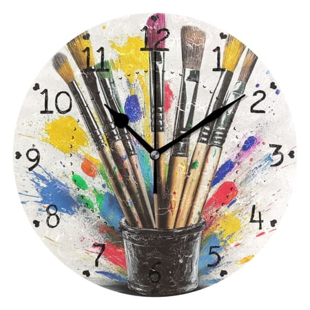 Colorful Brushes Round Wall Clock Silent Battery Operated Home Decor for Living Room Bedroom