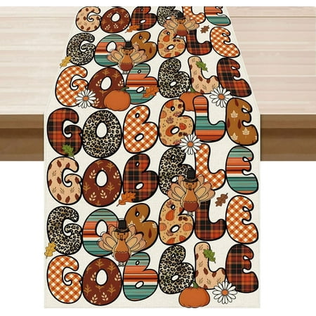 

Gobble Turkey Thanksgiving Table Runner Cloth Burlap Fall Table Decoration for Home Kitchen Dining Dinner Indoor Holiday Farmhouse Decor 13.8x71 Inch