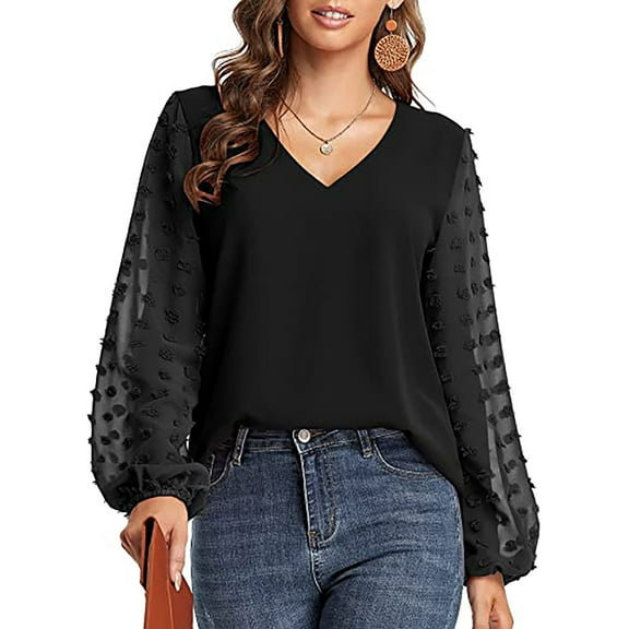 Gerichy Women Chiffon Blouse Swiss Dot Tops V Neck Long Sleeve Casual Pom Pom Work Shirts Hoodies for Women Long Sleeve Shirts for Women
