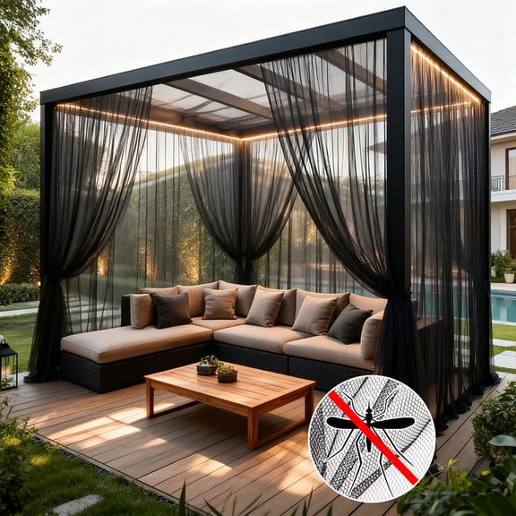 Rosnek Large Size Outdoor Mosquito Netting Curtain, DIY Cut to Size High Density Airy Mesh Net Outdoor Sheer Curtains for Patio Gazebo Porch Pergola, Rod Pocket 1 Panel (10.5 x 7 ft, Black)