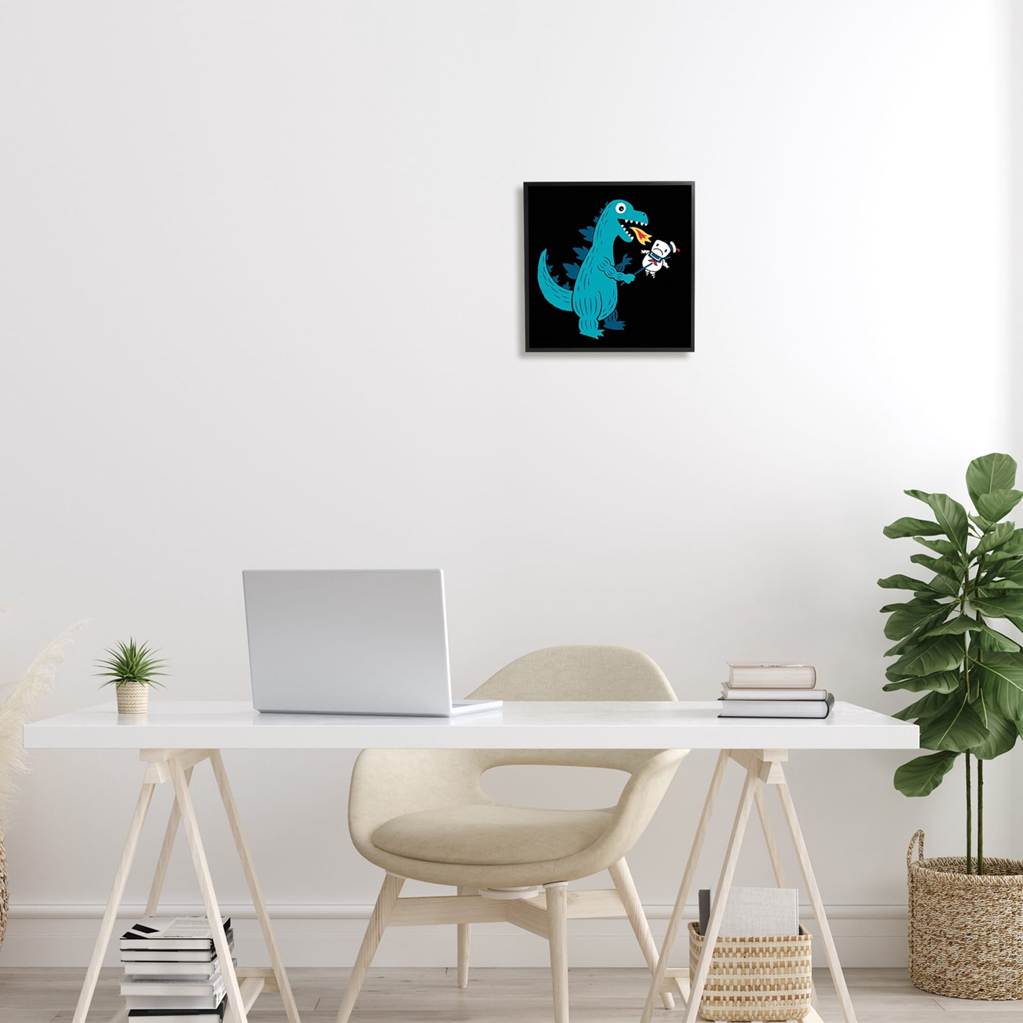 Stupell Industries Cartoon Dragon Breathing Fire Marshmallow Man Framed Wall Art, 24 x 24, Design by Michael Buxton