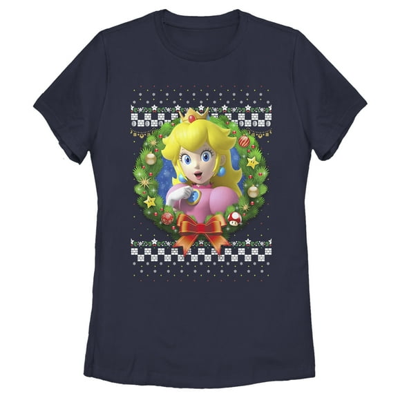 Women's Nintendo Christmas Peach Wreath Graphic Tee Navy Blue Medium