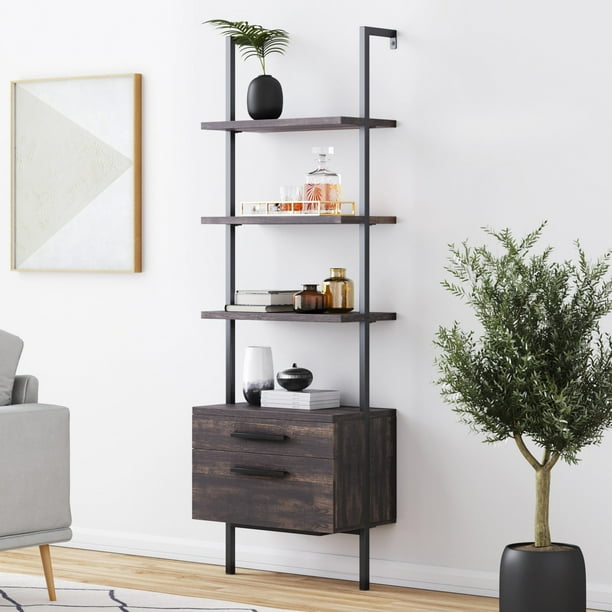 Nathan James Theo Open Shelf Industrial Bookcase with Drawers in Warm