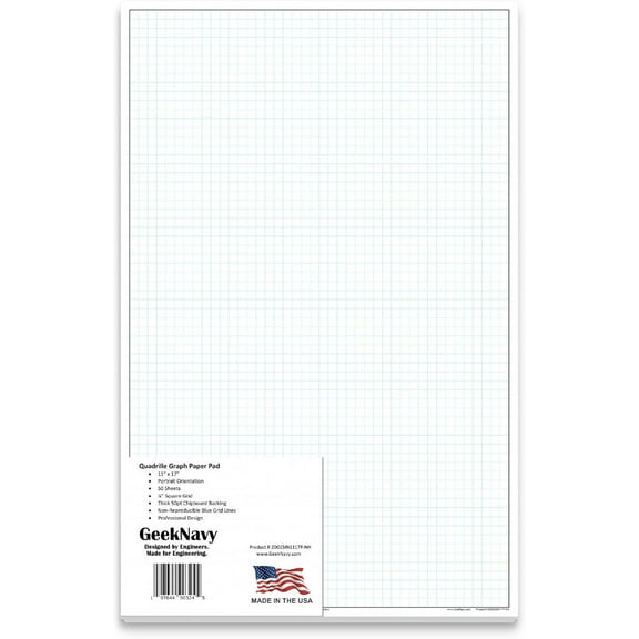 11" x 17" Quadrille 50 Sheets Portrait - 0.25" 4x4 Square Grid, Blueprint, High Brightness, Border-Outlined, Large Drafting (1-Pack)