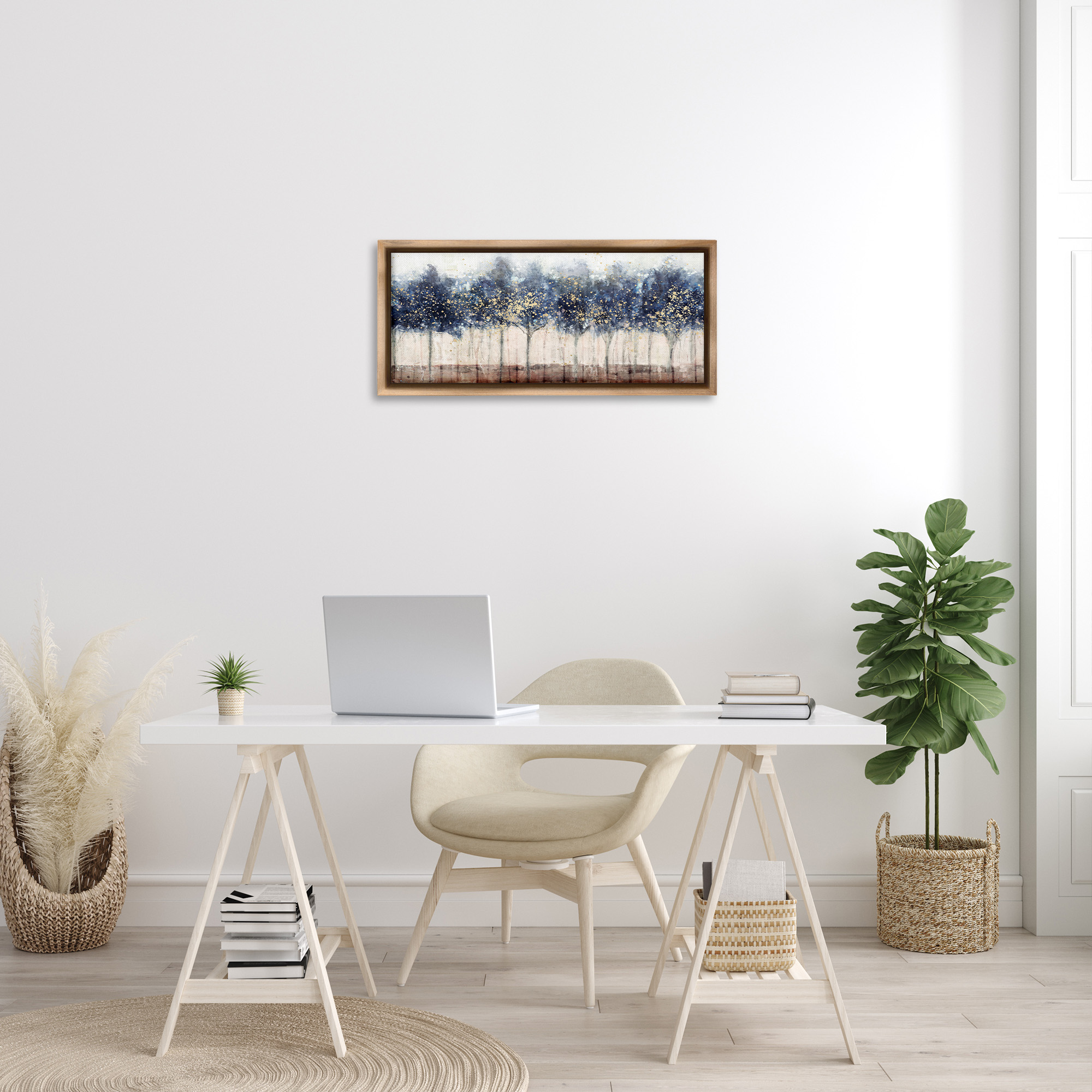 Stupell Industries Trees with Modern Splash Landscape Painting Brown Floater Framed Canvas Art Print Wall Art, 31 x 14