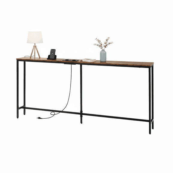 FurnitureR 70.8" Console Table with Power Outlet, Narrow Sofa Table Behind Couch with USB Ports, Extra Long Industrial Entryway Table for Living Room Hallway, Rustic Brown