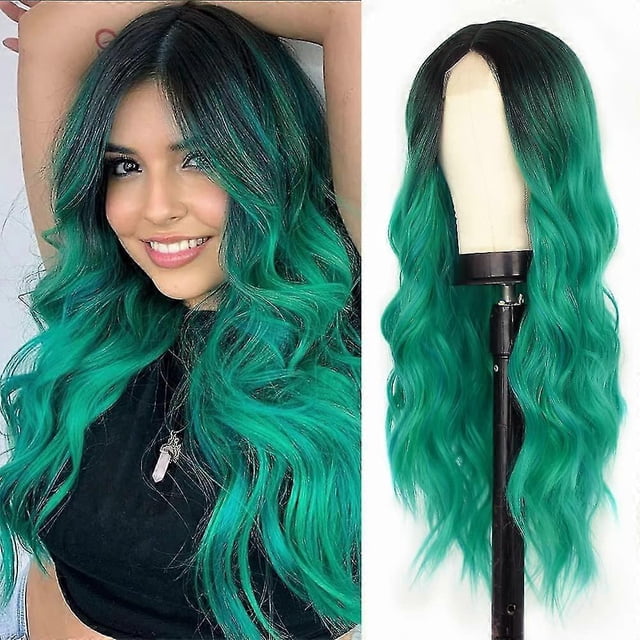 Long Wavy Wig Green Wigs For Women Middle Part Curly Synthetic Hair Teal Wigs For Women Natural Looking Heat Resistant Fiber For Daily Party Cosplay U