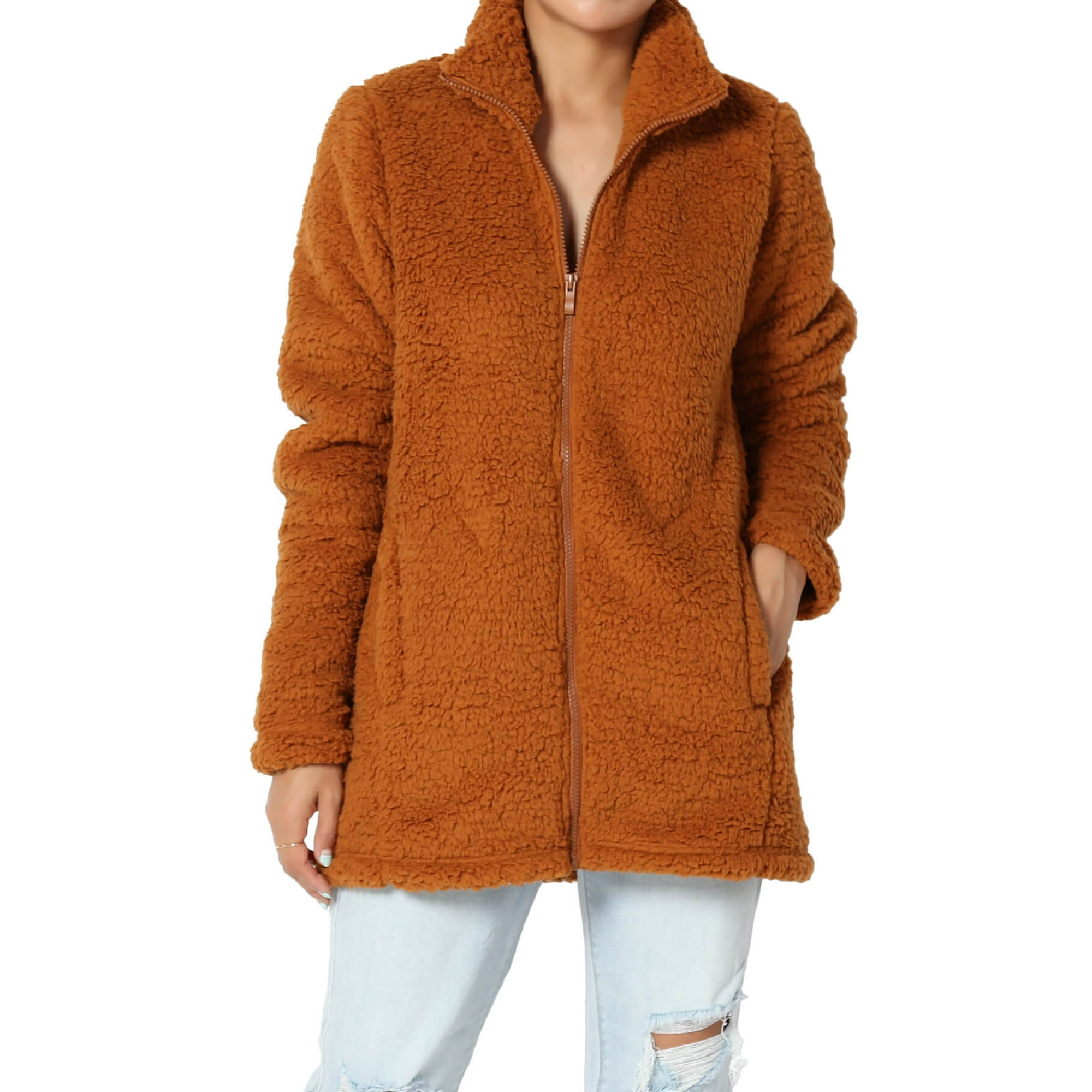 TheMogan Women s S 3X High Neck Zip Up Soft Short Teddy Jacket Fuzzy Slim Fit Coat Walmart
