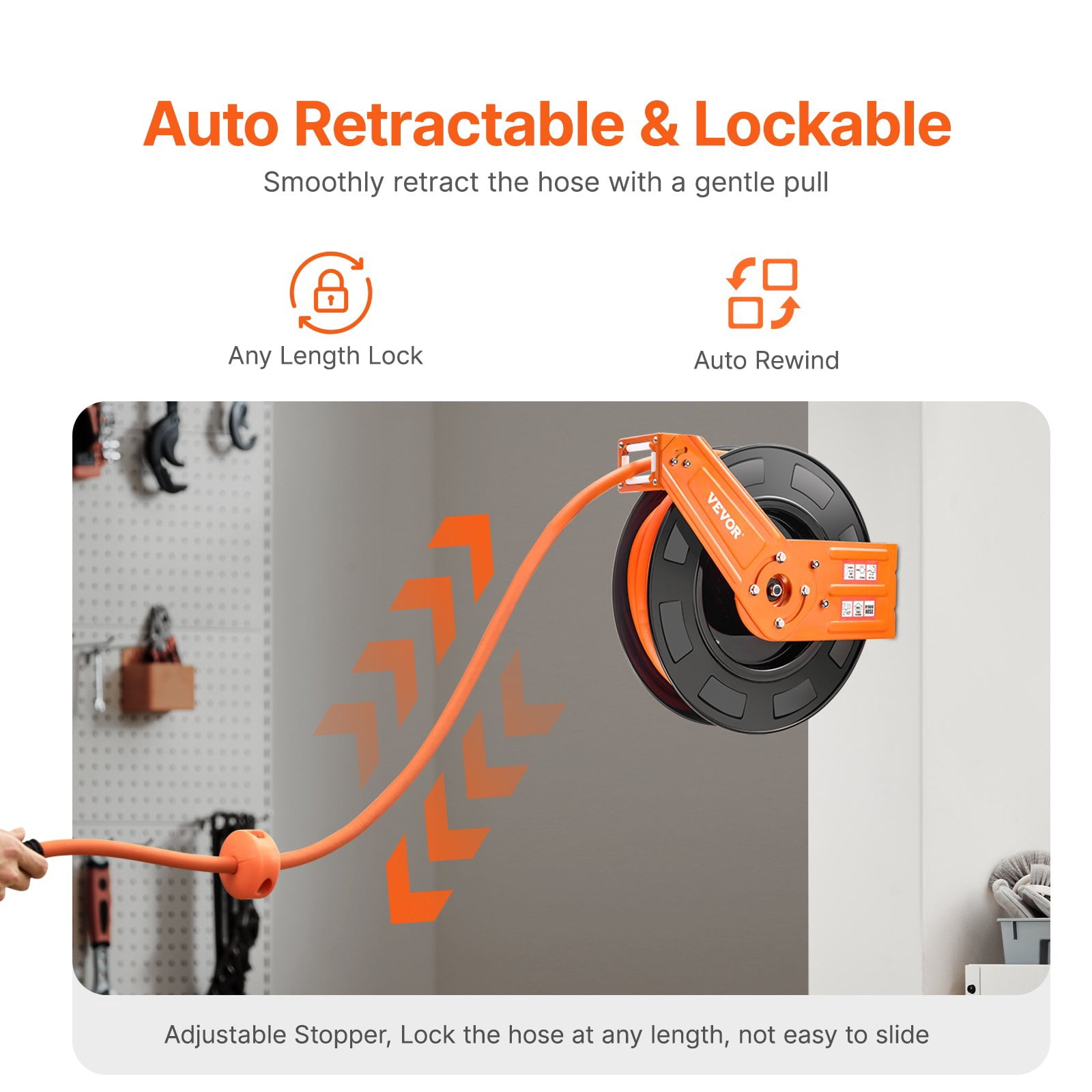 VEVOR Retractable Air Hose Reel, 1/2 IN x 50 FT Hybrid Air Hose Max 300PSI, Air Compressor Hose Reel Auto-Rewind with 5FT Lead in, Ceiling/Wall Mount Heavy Duty Single Arm Steel Reel, 1/2" NPT Fittin