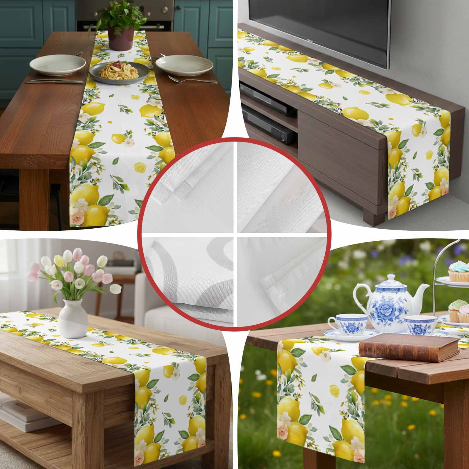 Watercolor Lemon Green Leaves Flower Table Runner 90 Inches Long, Farm Harvest Table Runners Tabletop Scarf Kitchen Dining Tables Decoration for Home Party Indoor Outdoor