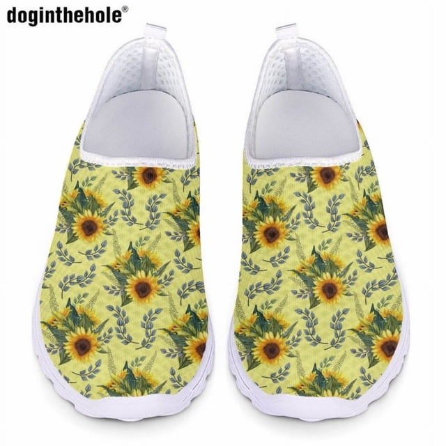 Zapatos de enfermera ligeros y suaves para mujer de Doginthehole, zapatos planos casuales con estampado de girasoles de tendencia clásica, zapatos de malla cómodos de verano