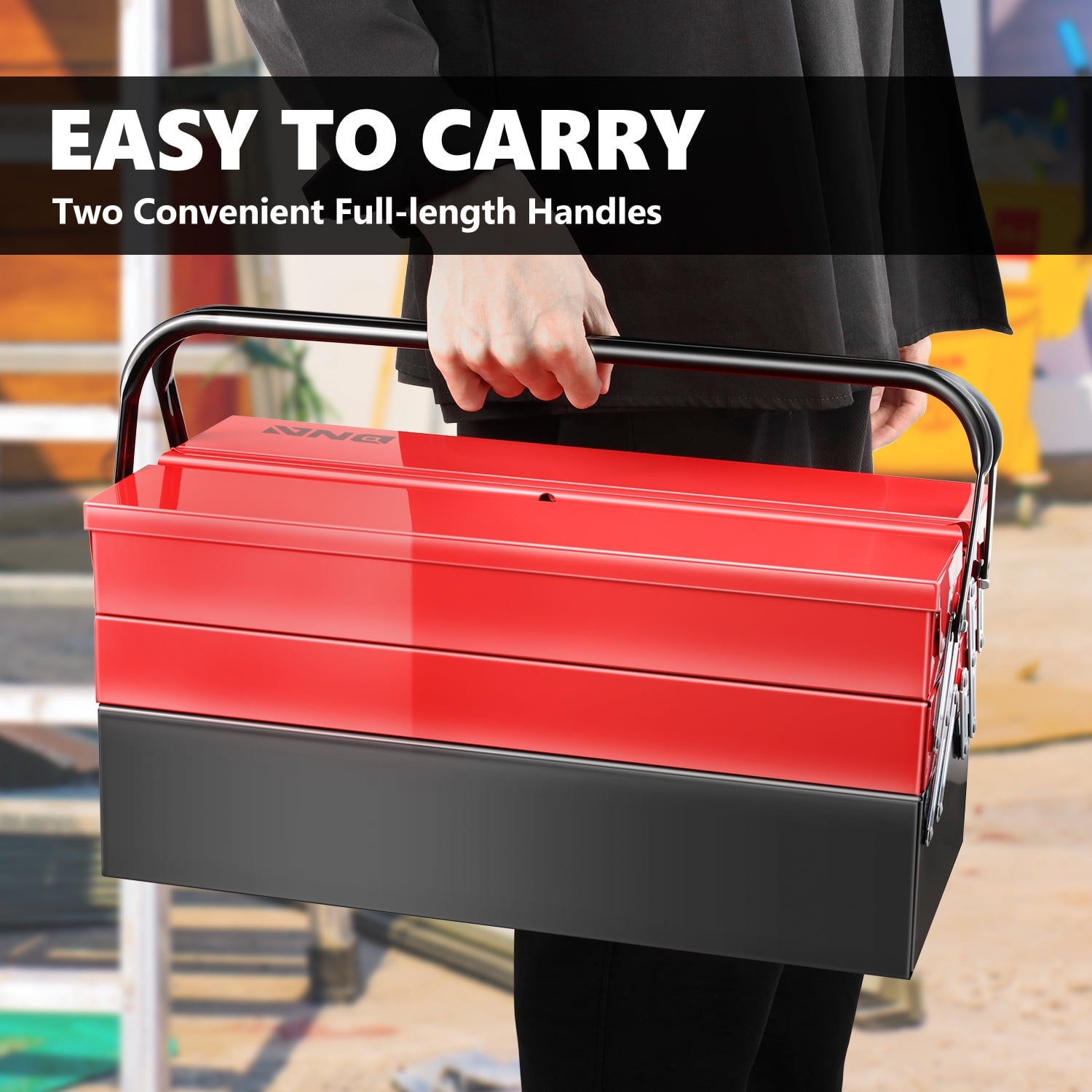 DNA Motoring TOOLS-00411 Red 18" 3 Level Multi-Function Foldable Repair Tool Box Storage With Lock Hole + 5 Drawers + Handle