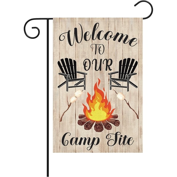 Camper Camping Garden Flag for Campsite Vertical 12.5x18 Double Sided, Welcome to Our Camp Site Small Camping Flags Outdoor Fire Pit Camper Camping Campsite Decoration (ONLY FLAG)