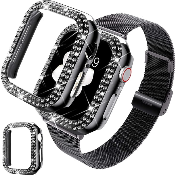Compatible con Apple Watch Band con estuche, Women Girl Correa de malla de acero inoxidable Thin Silm Narrow Metal Reemplazo de pulsera con cubierta brillante para iWatch SE Series 6 5 4 Xemadio WMZL-1320-1