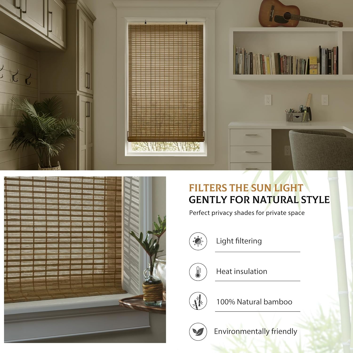 LazBlinds Cordless Bamboo Blinds, Bamboo Roll Up Shades for Windows, Light Filtering Hanging Window Blinds, Bamboo Shades for Patio Indoor/Outdoor Porch, 42'' W x 72'' H, Squirrel