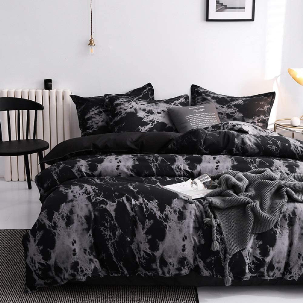 Decorative 3 Piece Duvet Cover with 2 Pillow Shams Marble Bedding Set Granite Surface with Stormy Natural Mineral Stone Pattern Comforter Cover Full Size for Kids Teens Adult Women Black White