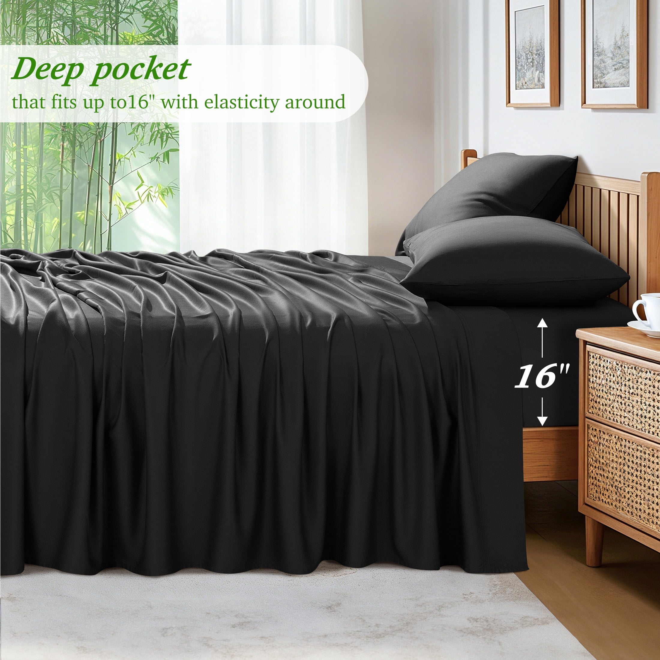 AiAngu Bamboo King Sheet Set, Luxury Soft 4 Pieces Bed Sheets with 18" Deep Pocket, Black