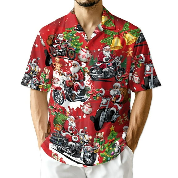 Netecom Santa Claus Riding Motorcycle Christmas Hawaiian Shirt, Funny Holiday Biker Button Down Short Sleeve Shirt, S-5XL