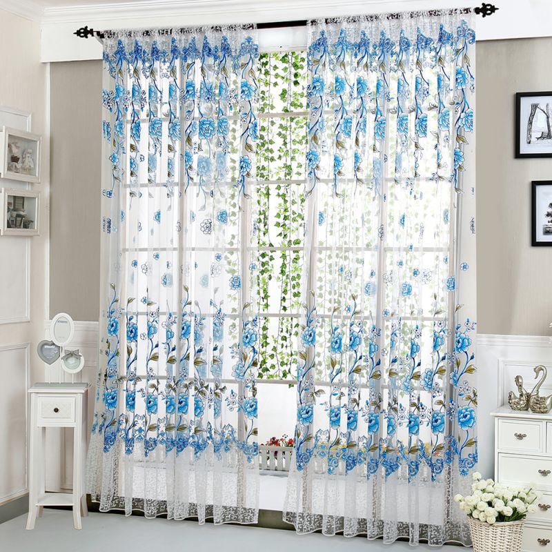Floral Tulle Door Window Voile Curtain  Drape Panel Sheer Scarf Valances Divider 