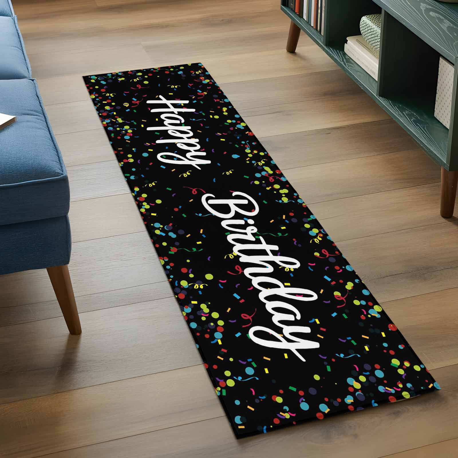 Black Birthday Large Area Rugs for Bedroom Living Room, Soft Non Slip Carpet Bedside Rug, Colorful Confetti Ribbons Polka Dots Classroom Rectangular Floor Cover Kitchen Accent Rug 2'x6' for Office