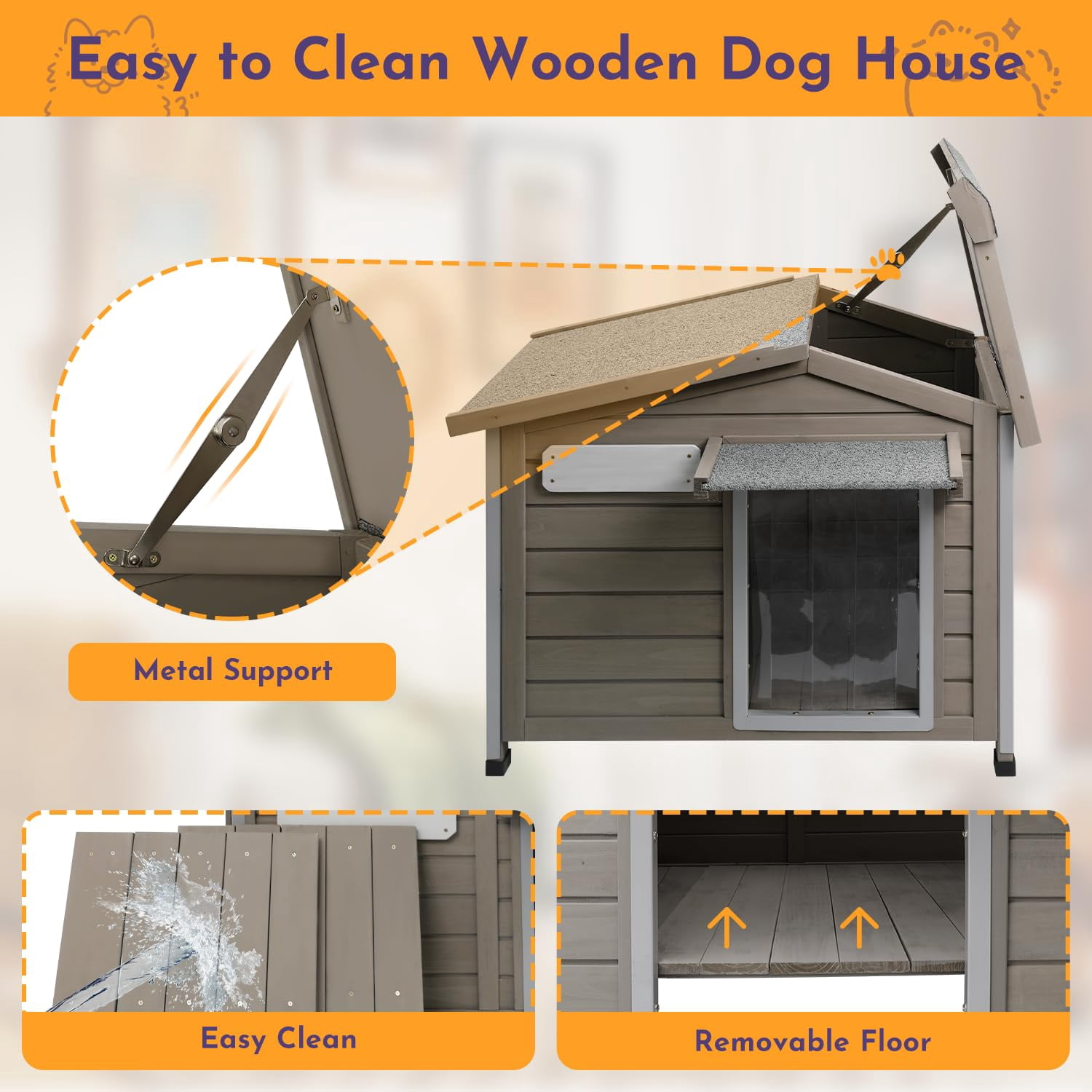 PETSCOSSET Outdoor Dog House, Weatherproof Wooden Dog Kennel with Raised Feet for Small Dog, Gray