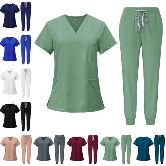 Scrubs for Women Set Casual Solid Medical Uniform Stretch V-Neck Scrub Top & Jogger Pant with Pockets,Mint Green M