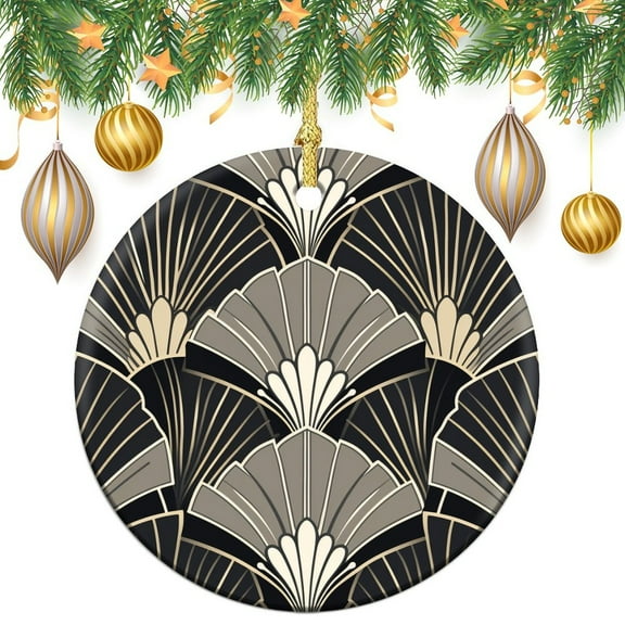 Art Deco Fan Design Grey Christmas Ceramic Ornament Simple Geometric Double-Sided Ceramics Ornaments Xmas Holiday Keepsake Christmas Tree Decoration for Family Friend
