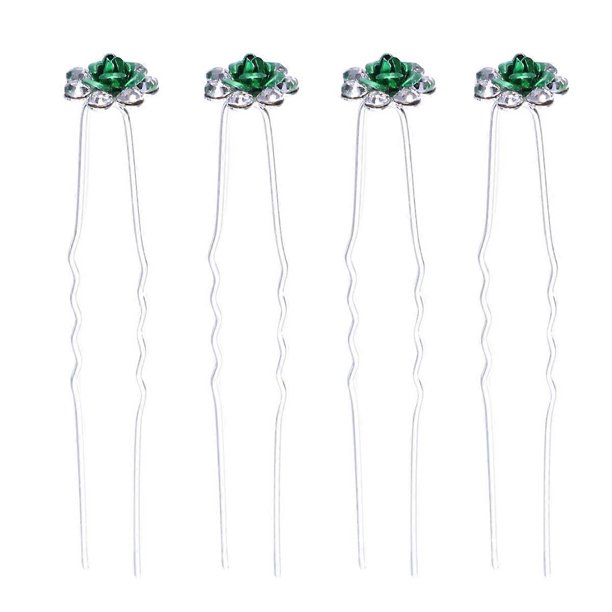 20Pcs Rhinestone Hairpins Rose Bride Bridesmaid Hair Accessories U-shaped Updo Hair Chopsticks for Wedding (Green)