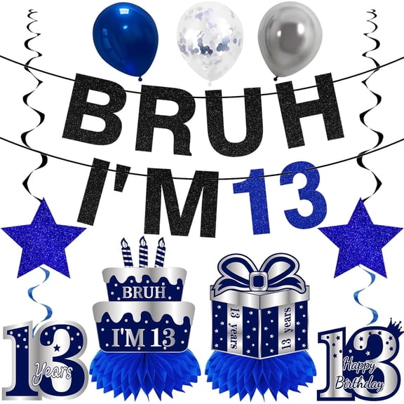Osmanthus 13th Birthday Decorations for Boys Men, Blue Sliver Happy 13th Birthday Banner, Bruh I'm 13 Balloons Centerpieces Swirls Party Supplies, Thirteen Bday Banner Ceiling Table Topper Sign