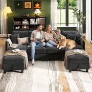BedLuxury 112 Modular Sectional Sofa with 2 Moveable Storage Ottoman, Cloud Couch Seats 6, Modern Living Room Furniture, Chenille Black