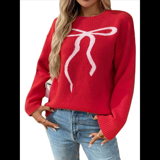 Suéter de Punto con Lazo para Mujer, Estilo Y2K, de Larga y Cuello Redondo, Holgado e Informal. Rojo L