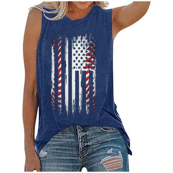 Womens Tank Tops $4.98 Rounk Neck Printing Sleeveless T-Shirt Summer Causal Tank Blue S