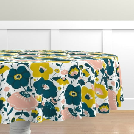 

Cotton Sateen Tablecloth 90 Round - Garden Floral Navy Leaves Blossoms Vintage Botanical Orange Print Custom Table Linens by Spoonflower